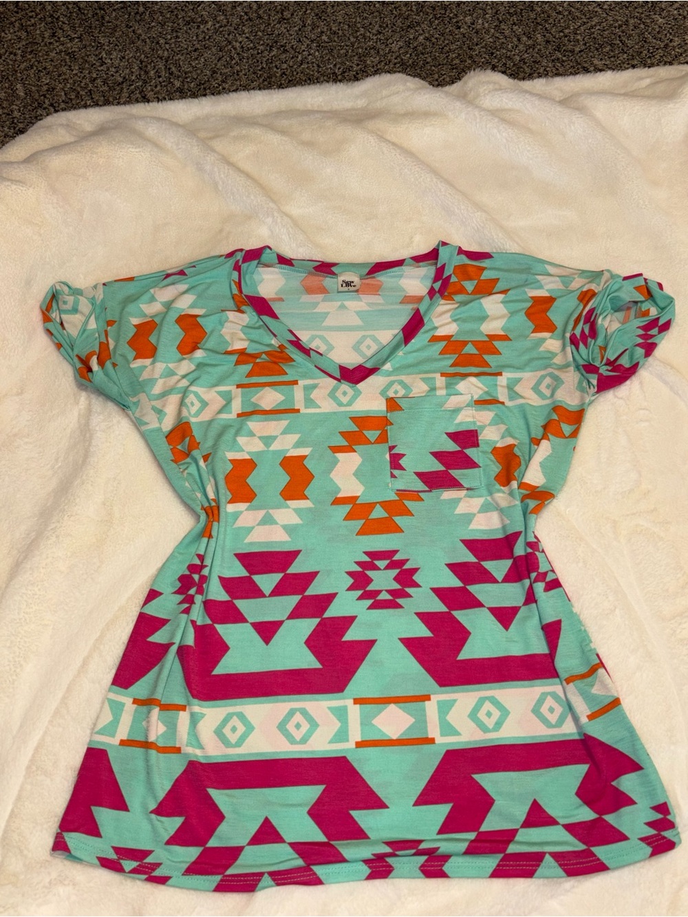 Sew In Love Turquoise, Magenta & Orange Geometric Short Sleeve Tee